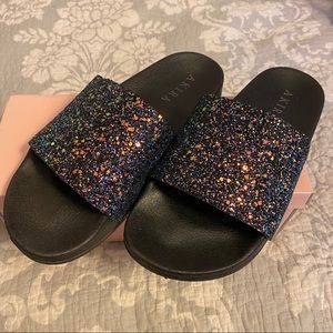 Akira Blue Multi Glitter Slides